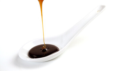 Liquid sunflower lecithin pouring on a spoon isolated on white Background