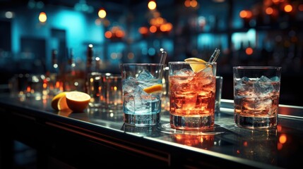 Cocktail with ice on bar counter in a restaurant, pub. Orange drink with juice. Fresh prepared alcoholic cooler beverage at nightclub. Showcases with bottles on dark background.AI Generative.