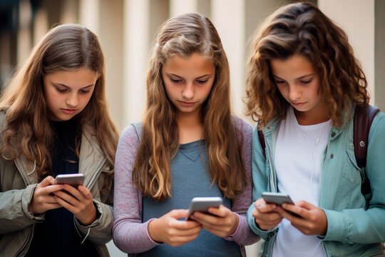 Group of young school girls looking at their phones