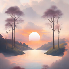 A mesmerizing and ethereal graphic that captures the essence of an enchanting sunset over a serene landscape. Beautiful Art. Generative Ai.