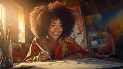 Black woman painter sits at table and draws picture on canvas of paper in art studio, happy attractive woman artist paints masterpiece picture for sale online, artistic craftsmanship, generative AI