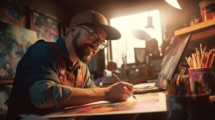 Man painter sits at table and draws picture on canvas of paper in art studio, happy attractive man artist paints masterpiece picture for sale online, artistic craftsmanship, generative AI
