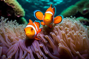 Naklejka na ściany i meble photo of a beautiful couple clown anemonefish behind is co