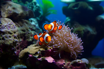 Naklejka na ściany i meble photo of a beautiful family clown anemonefish behind is co