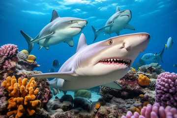photo of a beautiful family sharkbehind is colorful coral 