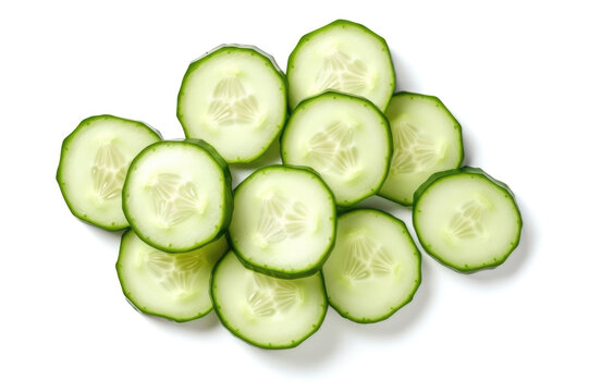 Sliced cucumber isolated on white background: avor the Freshness: Abundance of Cucumber Slices on Clean White Surface. Generative AI