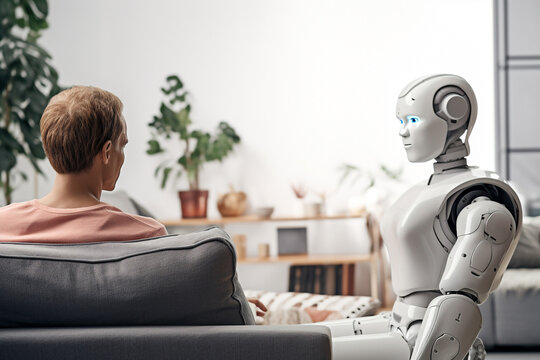 Smart robot have a conversation with a human about domestic housework in a room. Humanoid talking with a man and making a work plan for next day. Robot hiring. Ai generated