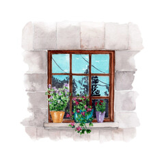 Watercolor illustration of a window with a view of the garden. Outdoor flowering plants in pots on a window sill.