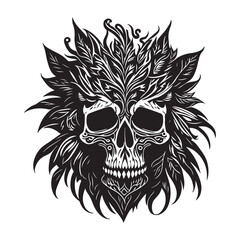 Decorative tribal skull with floral design black outline vector on white background