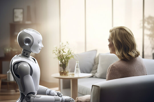 Smart robot have a conversation with a human about domestic housework in a room. Humanoid talking with woman and making a work plan for next day. Robot hiring. Ai generated