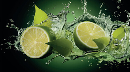 Juicy lime with mint. Splash of mojito with lime and mint. Refreshing lime in splashes of water. Juicy citruses creative vector illustration. Juicy fruits, lemonade and lemon juice. Water drops.