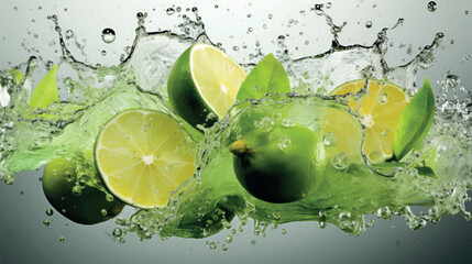 Juicy lime with mint. Splash of mojito with lime and mint. Refreshing lime in splashes of water. Juicy citruses creative vector illustration. Juicy fruits, lemonade and lemon juice. Water drops. - obrazy, fototapety, plakaty