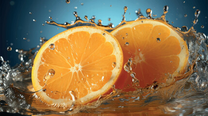 Fototapeta na wymiar Juicy orange. A splash of refreshing orange. Slices of oranges in splashes of water. Juicy citrus fruits creative vector illustration. Juicy fruits, orange juice. Water drops.
