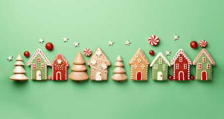 Christmas cookies in shaper of house, christmas tree, and candy aligned in nice lines, against pastel green background. Generative AI.