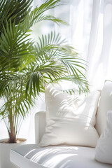 A large sofa in beige tones with a beautiful large potted bush generative ai