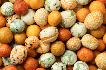 Japanese mixed coated peanuts full frame close up as background