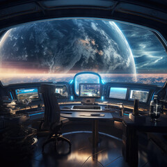 An astronauts home office in a space station - close to Earth