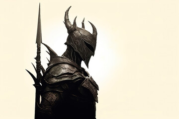 Fototapeta premium Fantasy warrior in a steel helmet and armor with a spear behind his back, standing on a light background with copy space, side view