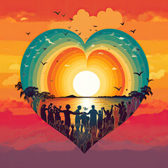 An array of diverse hands reaching towards a rainbow - love at sunset