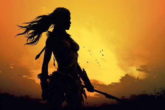 Silhouette barbarian warrior woman with spear on yellow sky background, amazon illustration