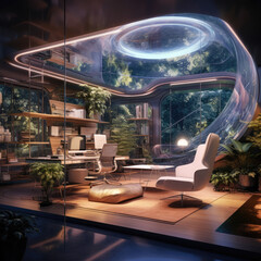 A zero-gravity home office with floating furniture - futuristic home office