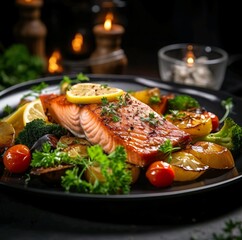 A plate of salmon serve with vegetables and lemon on it