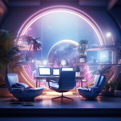 A zero-gravity home office with floating furniture - deep space