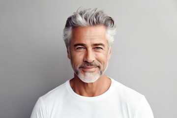 Obraz premium Smart handsome mid aged man model closed up Healthy face skin care with copy space.