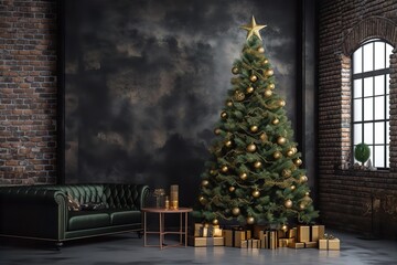 Fototapeta premium Christmas room interior of the loft with window. Gifts, candles and warm lighting inside. A sofa with a table near a Christmas tree with gifts, modern design; Generative AI