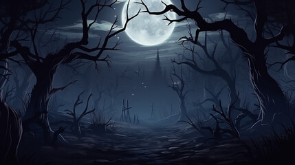 Spooky forest with dead trees and full moon. Time to celebrate halloween.