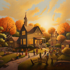 A traditional school with children playing around - education