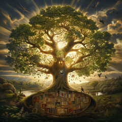 A towering tree with leaves made of different educational themes - powerful