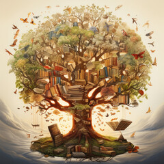 A towering tree with leaves made of different educational themes - imaginative