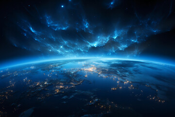 Fototapeta premium Blue space background with Earth behind it in stealth style, dark blue. AI generative