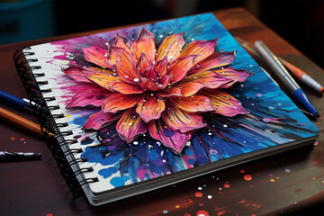 Flowers with realistic paint on notebook