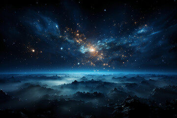 Fototapeta premium Blue space background with Earth behind it in stealth style, dark blue. AI generative