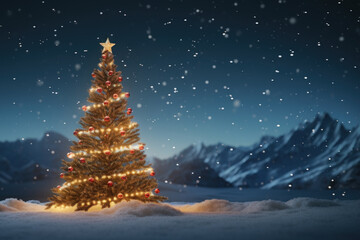 Christmas Tree on Blurred Shiny Lights at snow top of blur mountain background. Christmas Eve concept.
