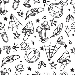 seamless pattern on the theme of magic, witchcraft. vintage black and white halloween print in hand drawing style