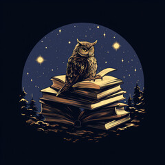 A silhouette of a wise owl perched on a pile of books - knowledge