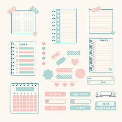 Daily planner and sticky notes set. Bullet Journal elements. Pastel color planner theme with hearts. Monthly planner. Weekly planner.
