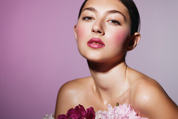 woman face portrait beauty pink spa make-up girl model flower blush