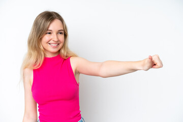 Fototapeta premium Blonde English young girl isolated on white background giving a thumbs up gesture