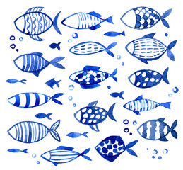 watercolor set with fish. children's simple drawing blue fish on a white background. doodle
