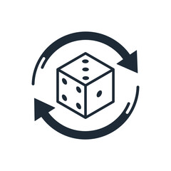 Game  cube  and rotation arrows. Throwing and rolling  dice . Random numbers, entertaining gambling game. lottery, lotto.Vector linear icon isolated on white background.