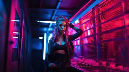 Sexy dance girl in a erotic dress posing in dark neon night club, neon lights, background with a copy space. Sensual woman posing at night club. Made With Generative AI.