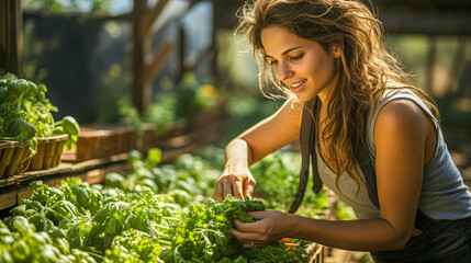 happy female farmer picking fres vegetables