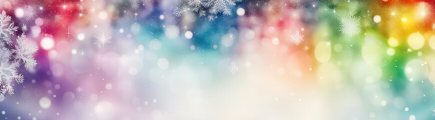 Abstract winter christmas background banner with snowflakes, bokeh and rainbow colors