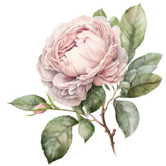 Soft pink Rose flower, dusty pink garden roses watercolor illustration isolated with a transparent background, wedding blossom card design created with Generative AI