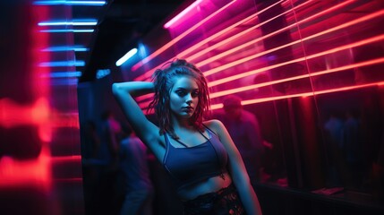 Sexy dance girl in a erotic dress posing in dark neon night club, neon lights, background with a copy space. Sensual woman posing at night club. Made With Generative AI. - obrazy, fototapety, plakaty