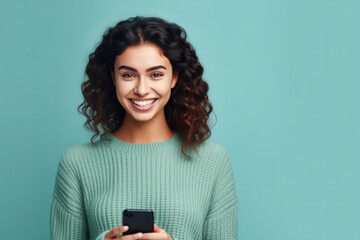 Mobile Application Ad. Smiling Latin Girl With Smartphone is Chatting on Blue Background.